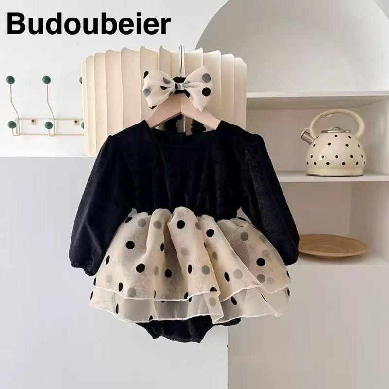 

British Baby Spring and Autumn Outfit for Girls, Stylish Princess Tulle Dress, Full Moon Hundred-Day Outing Romper Black (Send Hair Tie) 59 cm