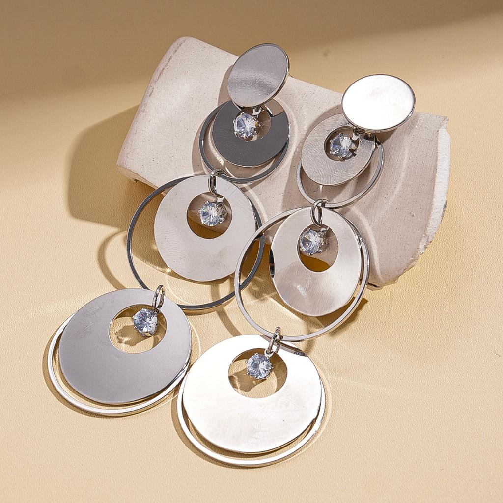 Metallic glossy zircon geometric round silver needle earrings personalized exaggerated earrings