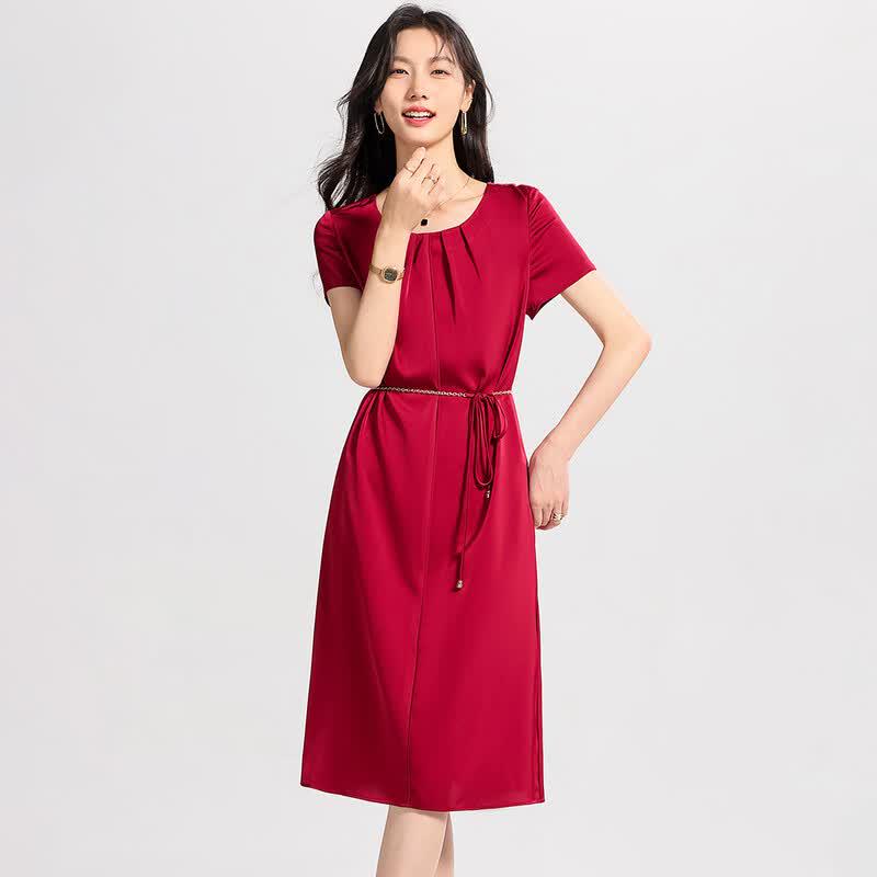 Sanpowa Fashion Pleated Short Sleeve A-Line Midi Dress L