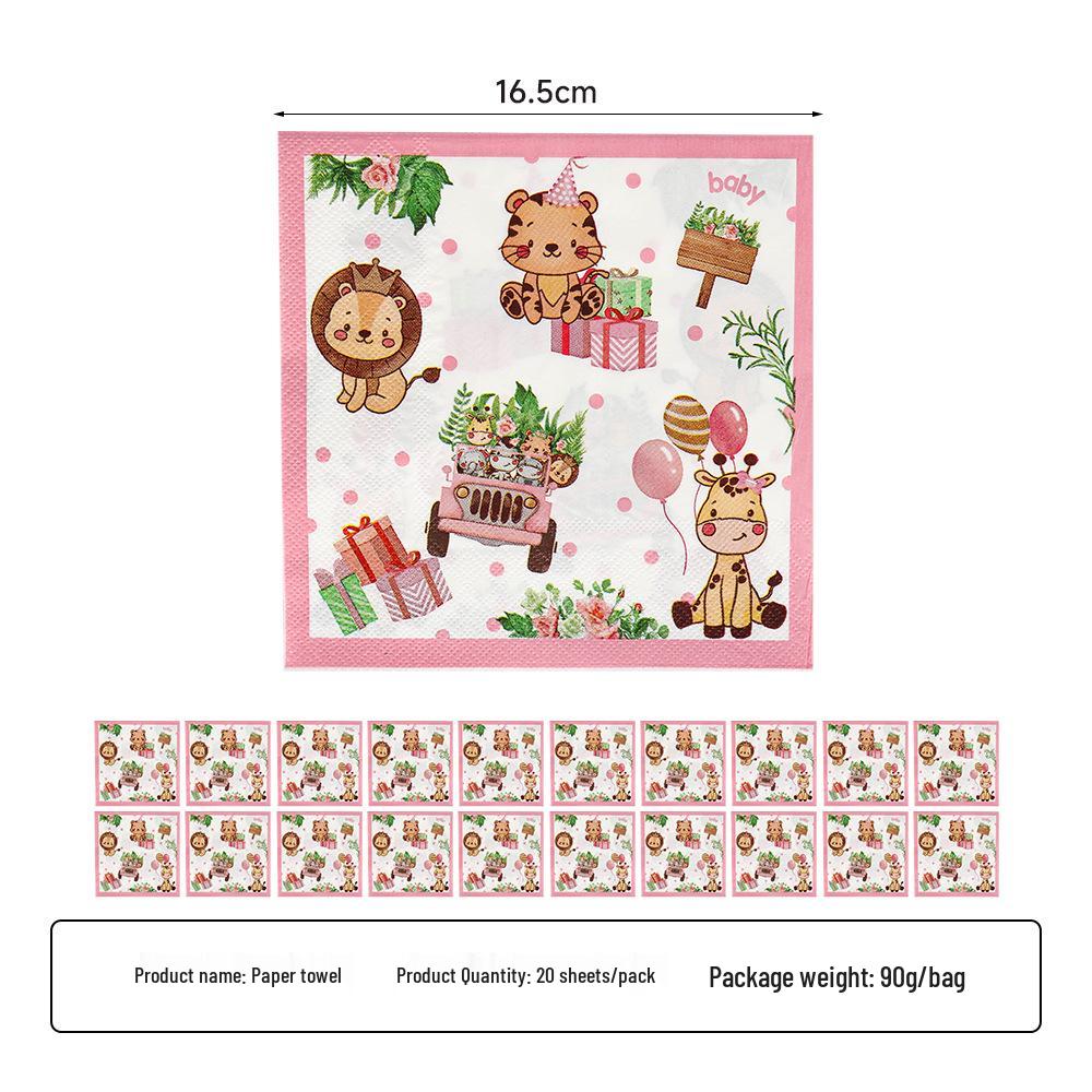 2025 Pink Jungle Animal Party Paper Tableware Set: Plates, Cups, Napkins, Tablecloth