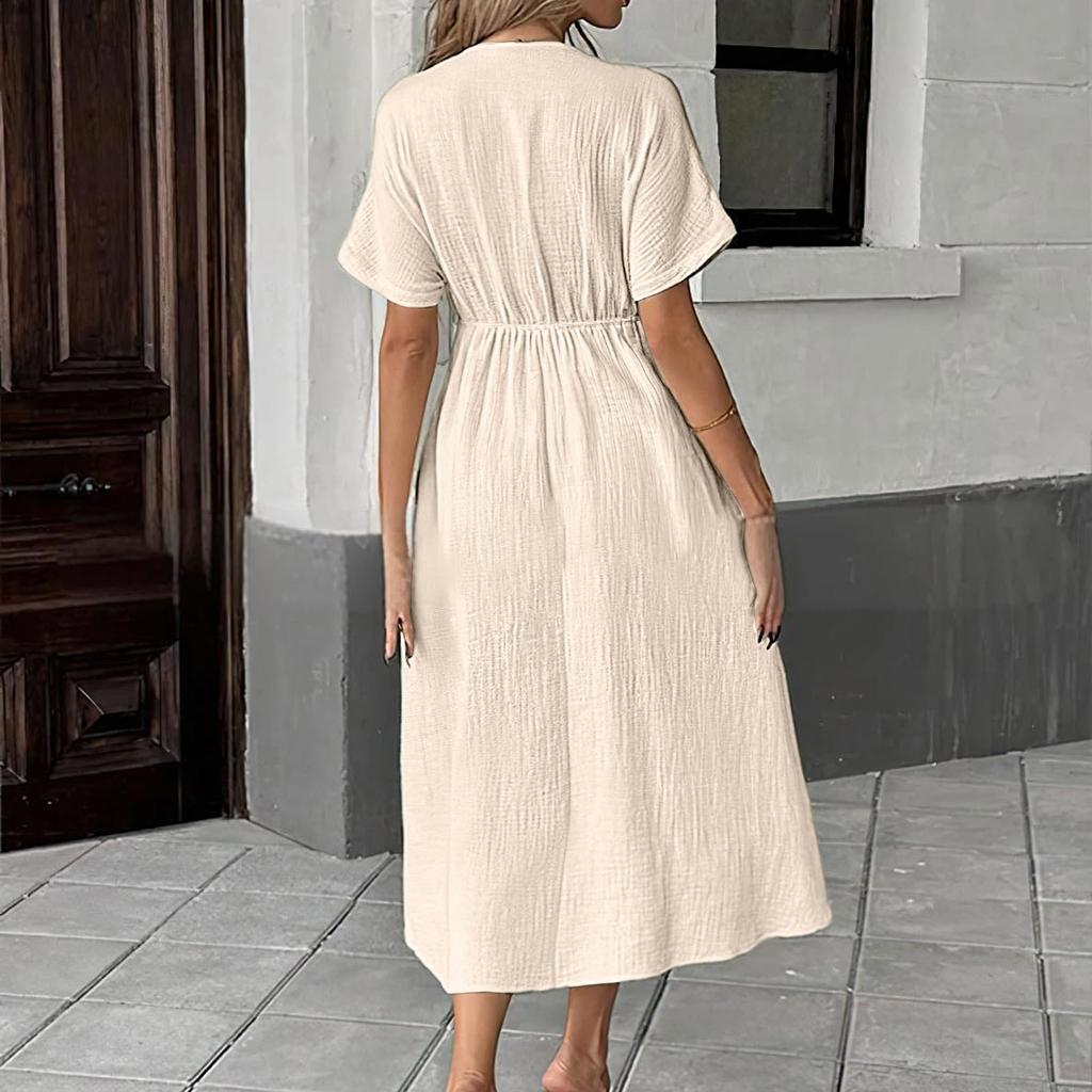 Dámské volné ležérní šaty s výstřihem do V, krátkým rukávem, pohodlné, jednobarevné, s elastickým pasem