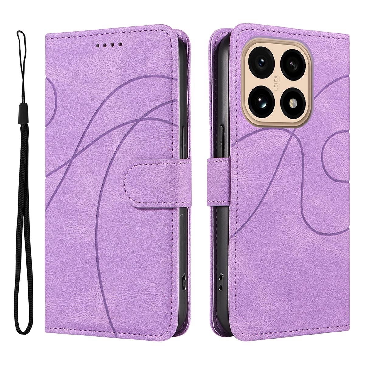 

For Xiaomi 15T Wallet Case Leather Phone Cover Stand with Curved Line Design - Black