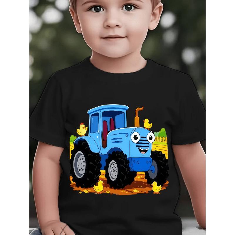 Boys' Short-Sleeve Spring/Summer/Autumn Cartoon Blue Tractor and Farm Chick Cute Print Children's Crew Neck Top