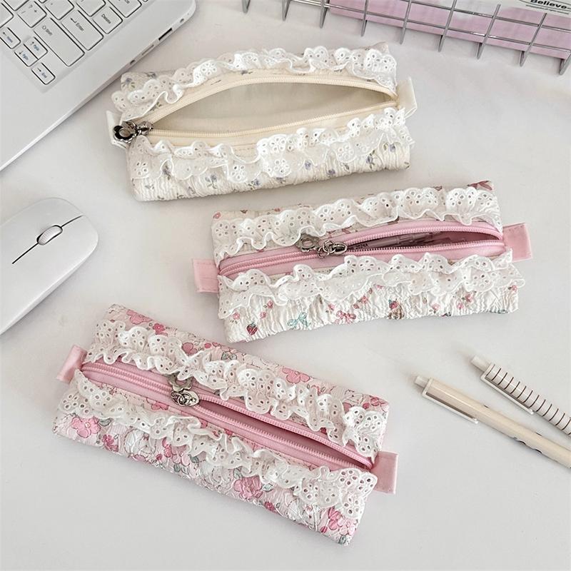 Lace Floral Pencil Case Ins Style Mini Makeup Bag Sundry Change Storage Bag Large Capacity Stationery Organizer Pen Bag