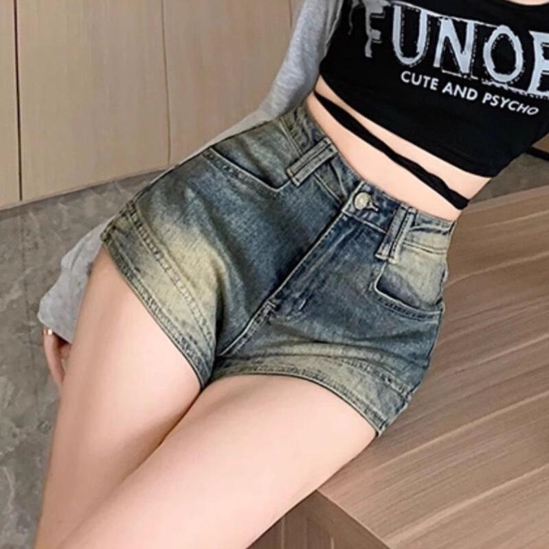 Retro High Waist Slimming Denim Shorts for Women - Summer Casual Elastic A-Line Hot Pants