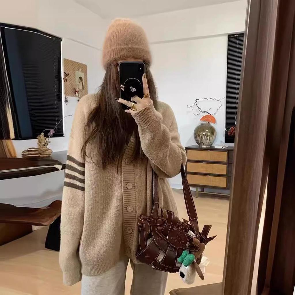 Japanese Style Age-Reducing V-Neck Color-Block Striped Knit Cardigan Sweater for Women, Autumn Winter Loose Fit