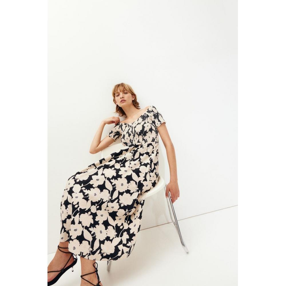 

Платье HM с открытыми плечами для курящих, черно-бежевое с цветочным принтом