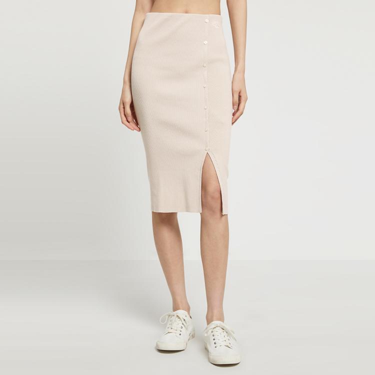 Calvin Klein Solid Split Knit Maxi Skirt Women Skirts Beige J221128-ACI