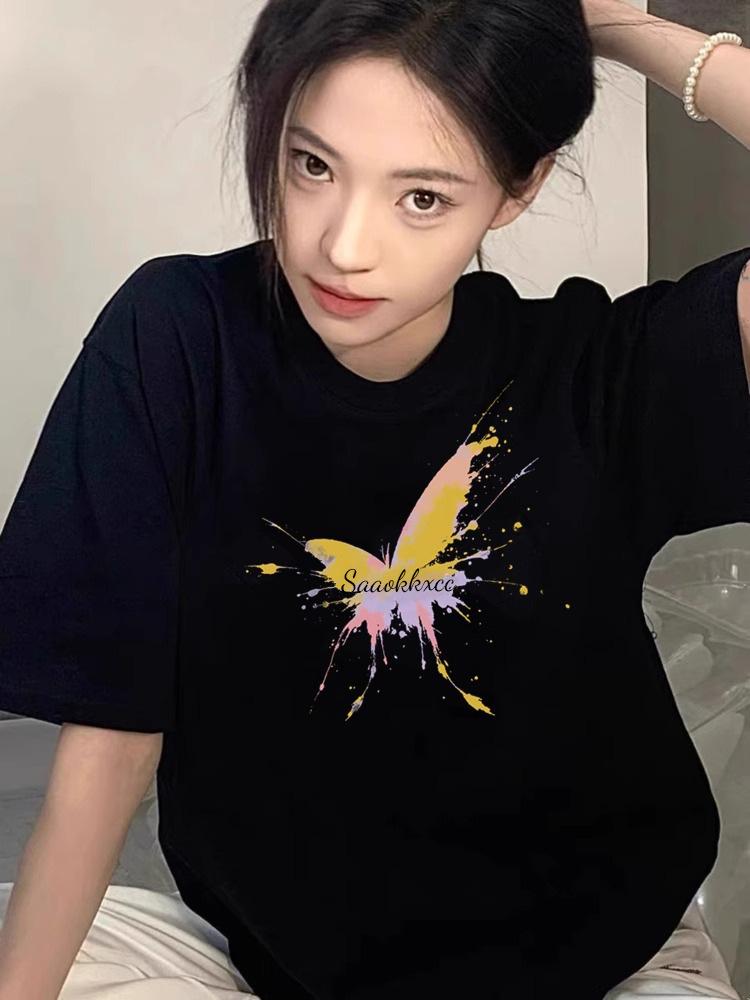 Women's Loose Fit White Cotton Shoulder T-Shirt - Summer 2025 American Style