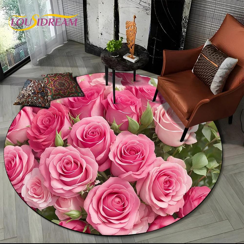 Covor rotund 3D Lux Floarea Soarelui Trandafir Nordic Margaretă pentru Decor Sofă Living Dormitor, Covor Zonă Copii Covoraș de Podea Antiderapant Cadou