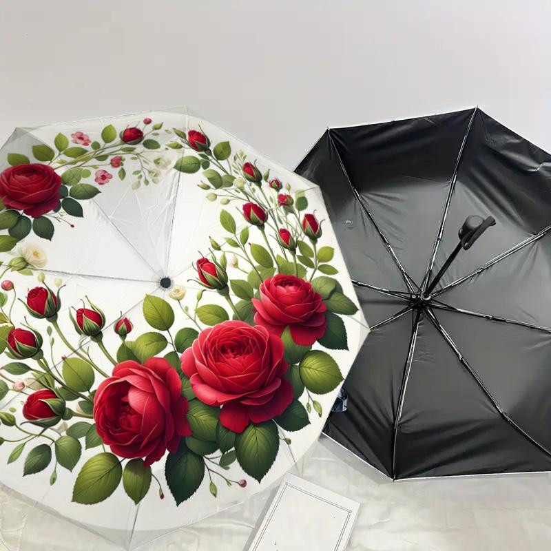 1pc Floral Wreath with Red Roses Umbrella with Plastic Handle,Suitable for All Seasons Home Travel Outdoor UmbrellaDD1272
