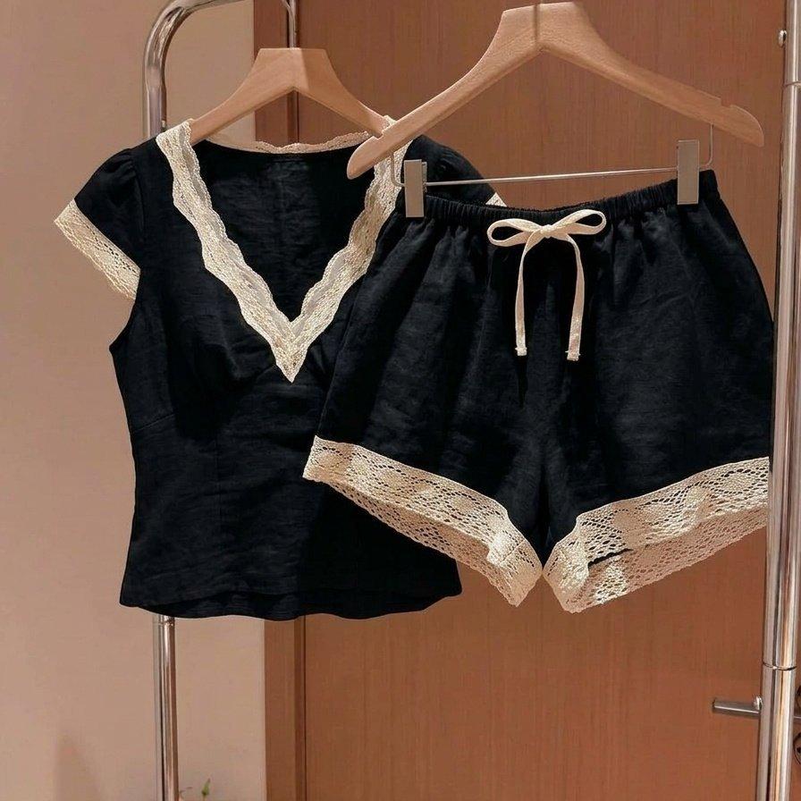Korean retro black lace splicing short-sleeved pajamas women's 1011 summer new large-size shorts loungewear set