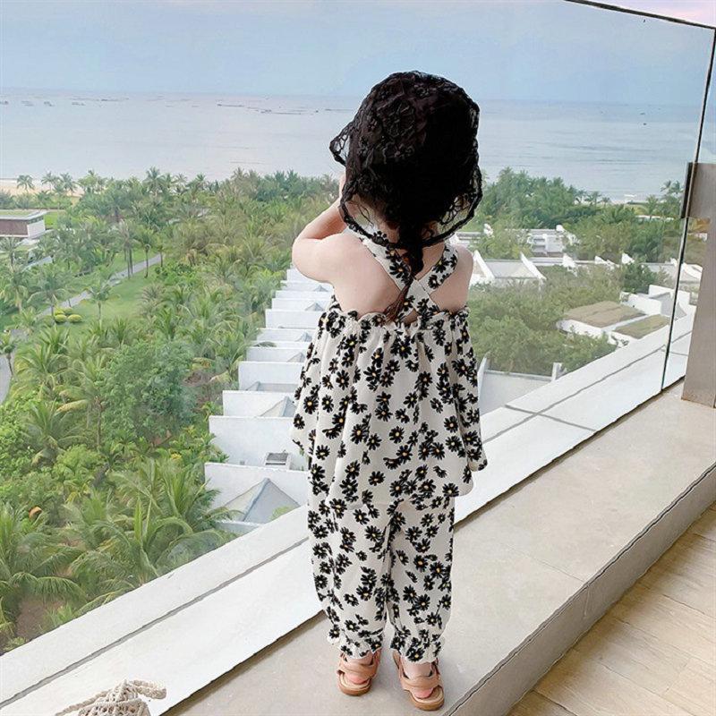 MAITA Summer New Girls' Set Flower Strap Top and Crop Pants