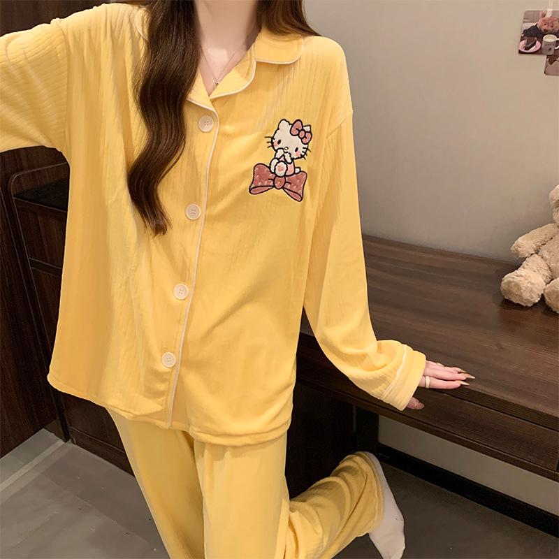 

Женская пижама из бархата Sea Island - Утепленная с длинным рукавом и брюками, Осень/Зима, в японском милом стиле, Уютная и модная домашняя одежда. M (recommended 40-50 kg)