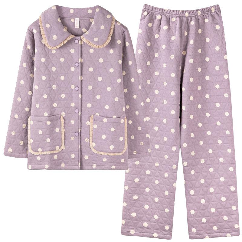 Air Cotton Pajamas Women'S Pure Cotton Long Sleeves Autumn And Winter Thickened Warm Interlayer Large Size Polka Dot Mother Loungewear
