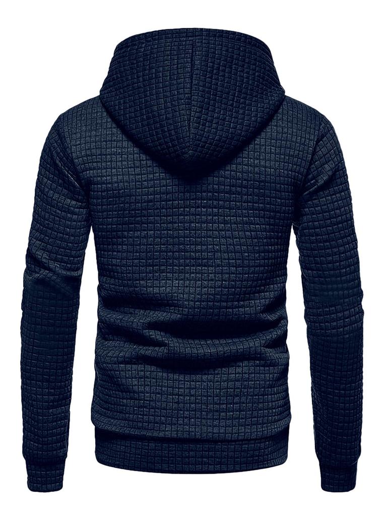 European Long Sleeve Hooded Men's Hoodie with Drawstring Jacquard Checkered Patchwork.