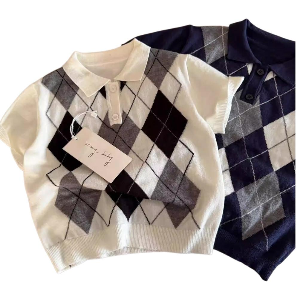 Kids Retro Checkered Short Sleeve Polo Shirt Knit Collared Tee for Boys and Girls