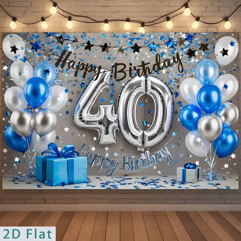 2D Blue Silver Balloon 40th Birthday Backdrop - Star Confetti Background Banner for 40th Birthday Celebration 47.2x31.5inch/120*80cm