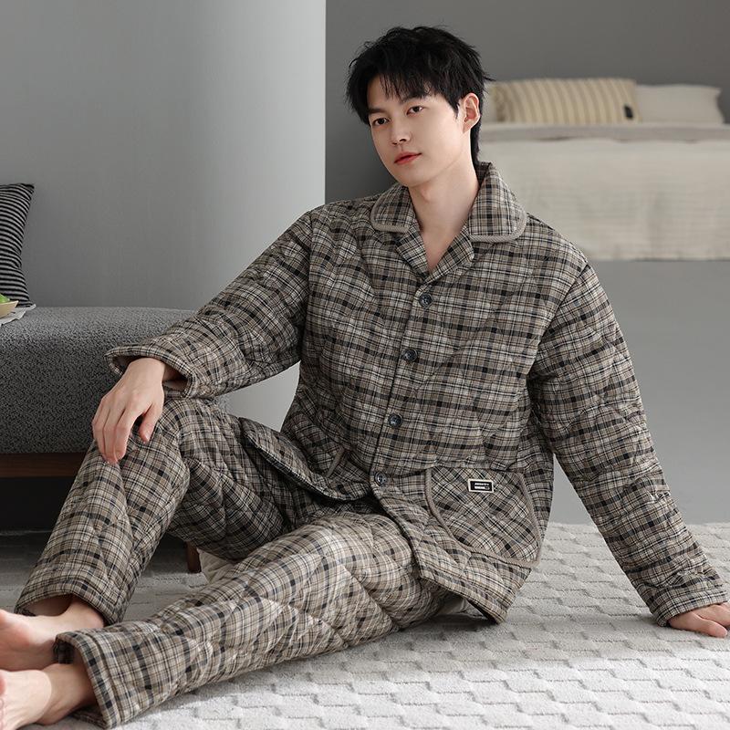 Pyjama d'hiver rembourré en coton épais à trois couches 100 % pur pour homme, veste rembourrée, vêtements d'intérieur chauds pour homme automne et hiver, grande taille