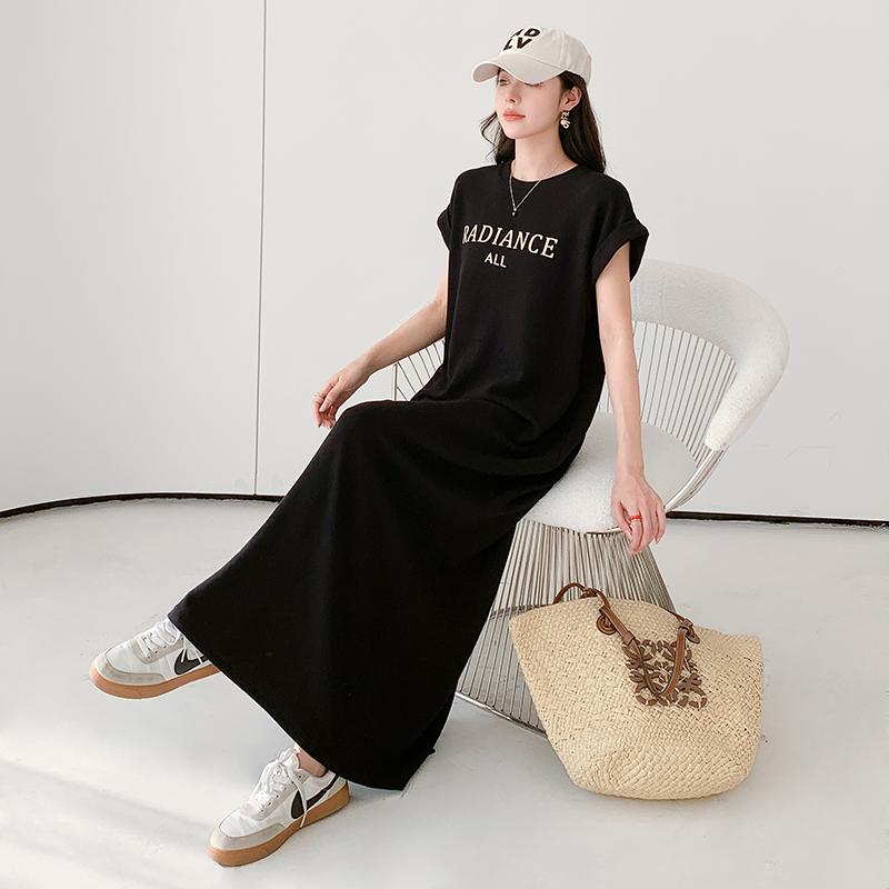 MODIQUE Summer Plus Size Women Loose Versatile Minimalist A-Line Letters Print T-Shirt Long Dress Female Casual Solid Color Short Sleeve O-Neck Dress