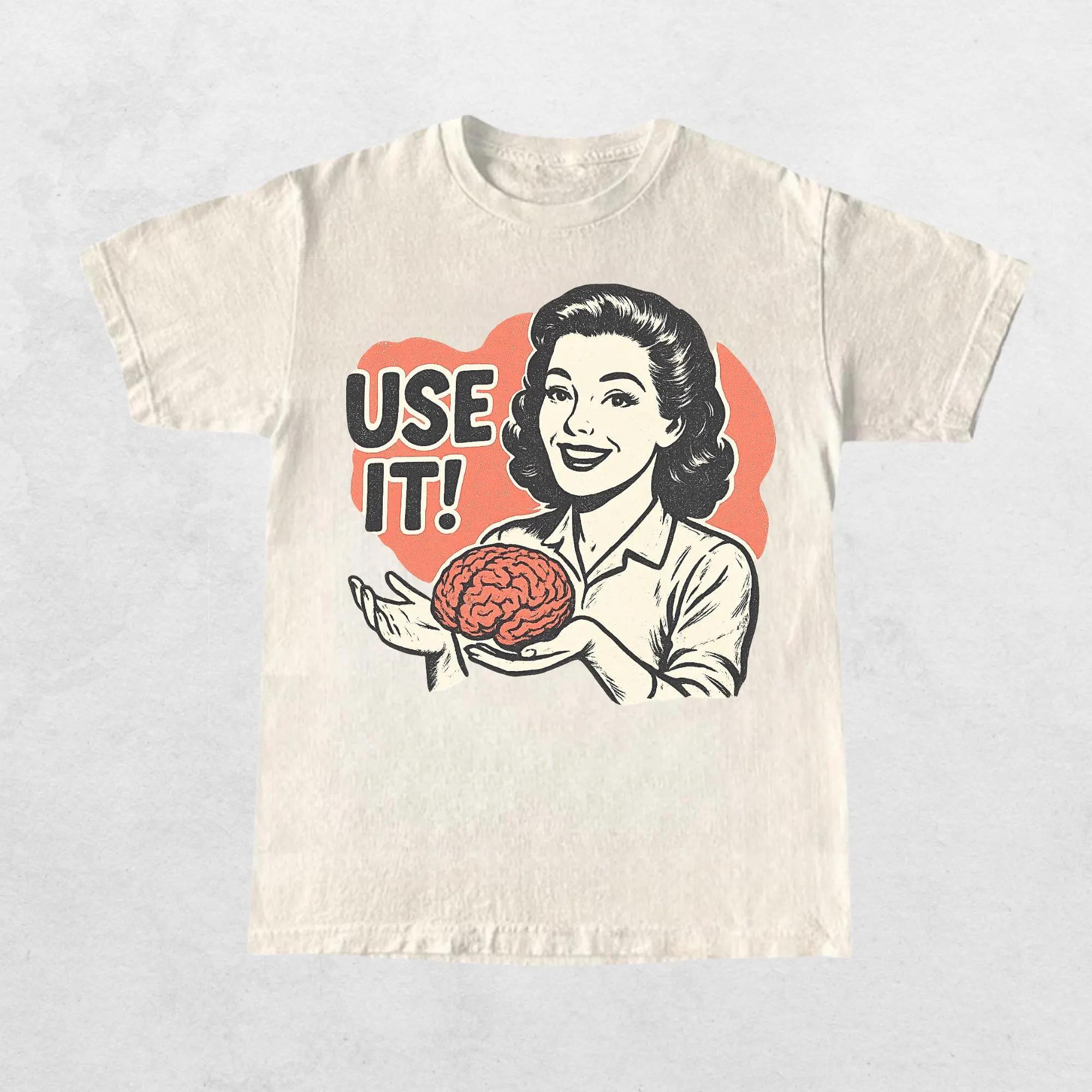 Sarcastic Vintage Use Your Brain Shirt Funny Retro 80s Style Short Sleeve Men Women AllSeason TShirt Crew Neck Cotton Tee S