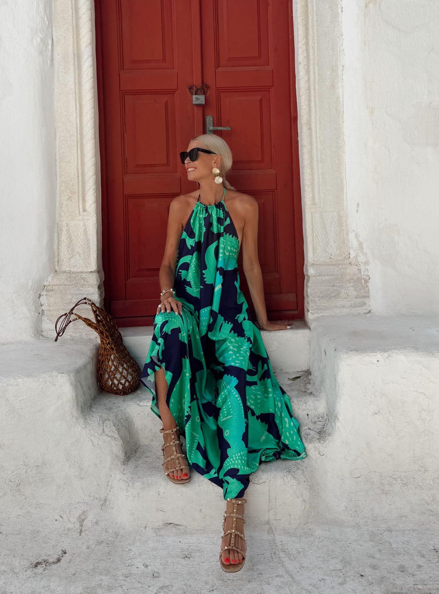 2026 European and American summer new dress printed halter sexy neck sling long dress S
