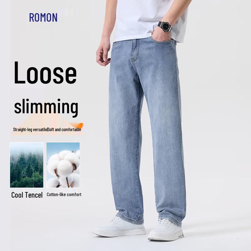Romon Men s Cool-Touch Ice Silk Straight-Leg Jeans 29