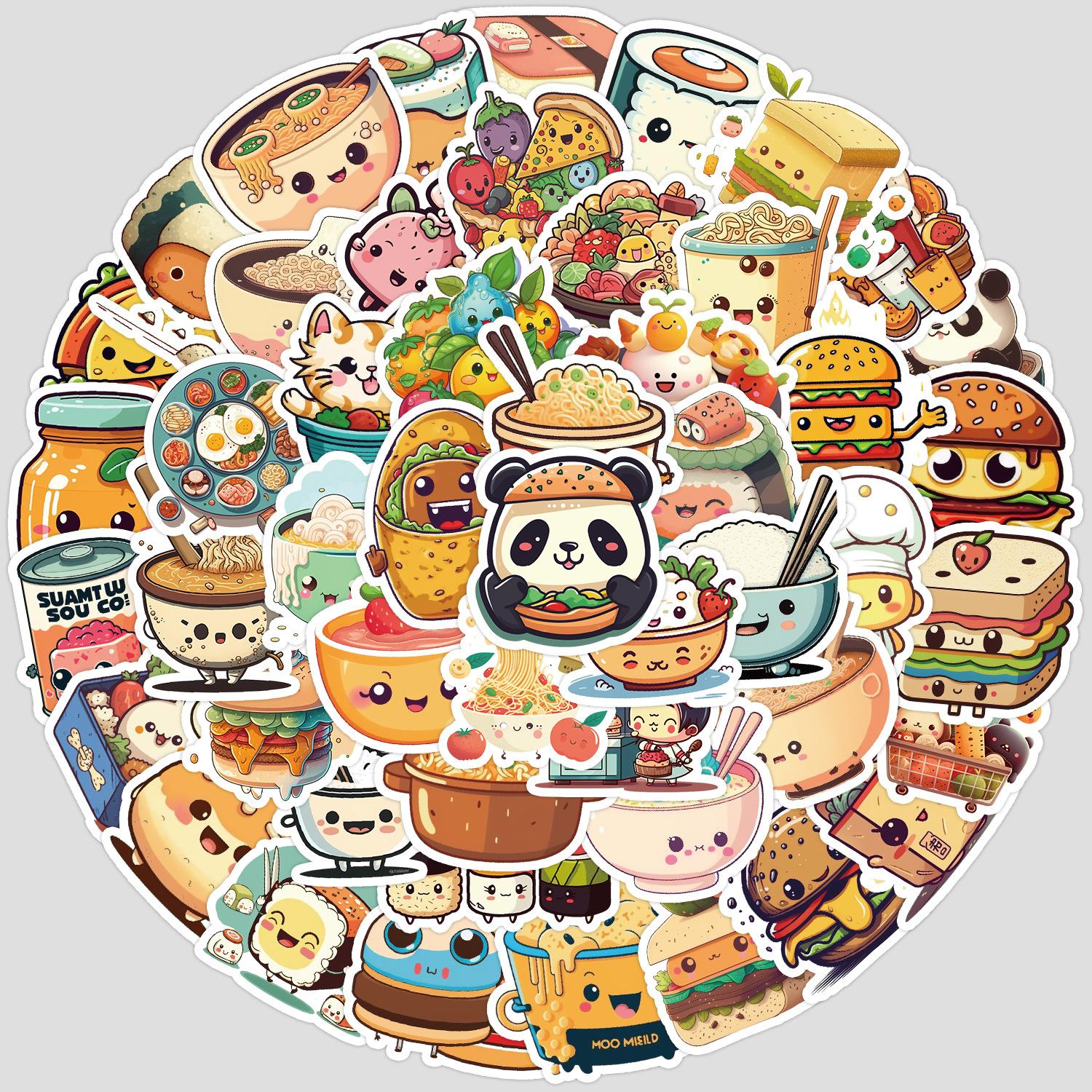 

50 Cute Food Doodle Stickers, Stationery Stickers, Water Cup, Laptop, Notebook, Waterproof Decorative Stickers