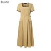ZANZEA Women Square Collar Casual Short Sleeve Elegant Long Dress