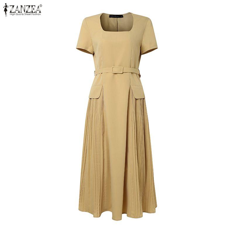 ZANZEA Women Square Collar Casual Short Sleeve Elegant Long Dress