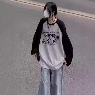 Cotton Shoulder Length Long Sleeved T-shirt for Women In Autumn Loose Oversized Design Niche Western Style Top