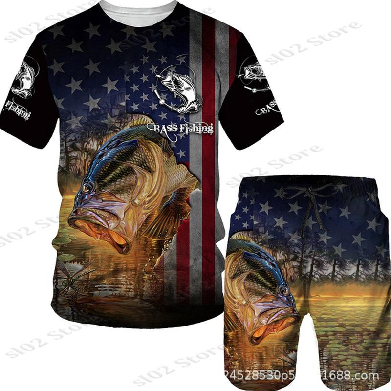 New Men's Short Sleeve Shorts Set Fashion 3D Digital Fish Printing Men's Beach Casual Set