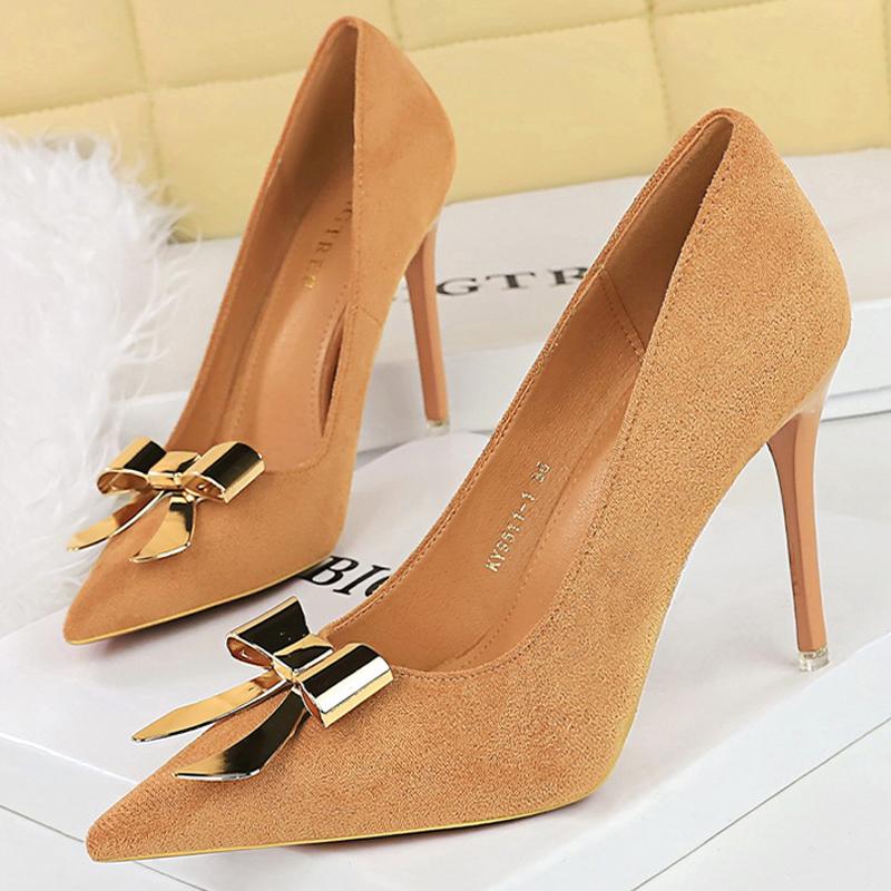 

BIGTREE Shoes 10.5 cm metal bowknot design Women Pumps suede High Heels Sexy party shoes Large size 43 Ladies Heels Female shoes 34