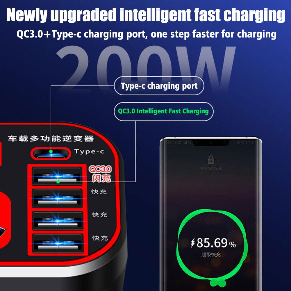 200W 12V 24V To 220V Car Power Inverter Led Display 3 USB Ports + Cigarette Lighter Voltage Transformer For Laptop Tablet Camera