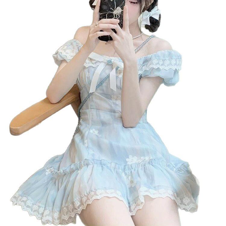 Summer Art Department Milk Mist Blue Dopamine Floral Cake Dress First Love Princess Micropuff Skirt Fluffy Short Skirt