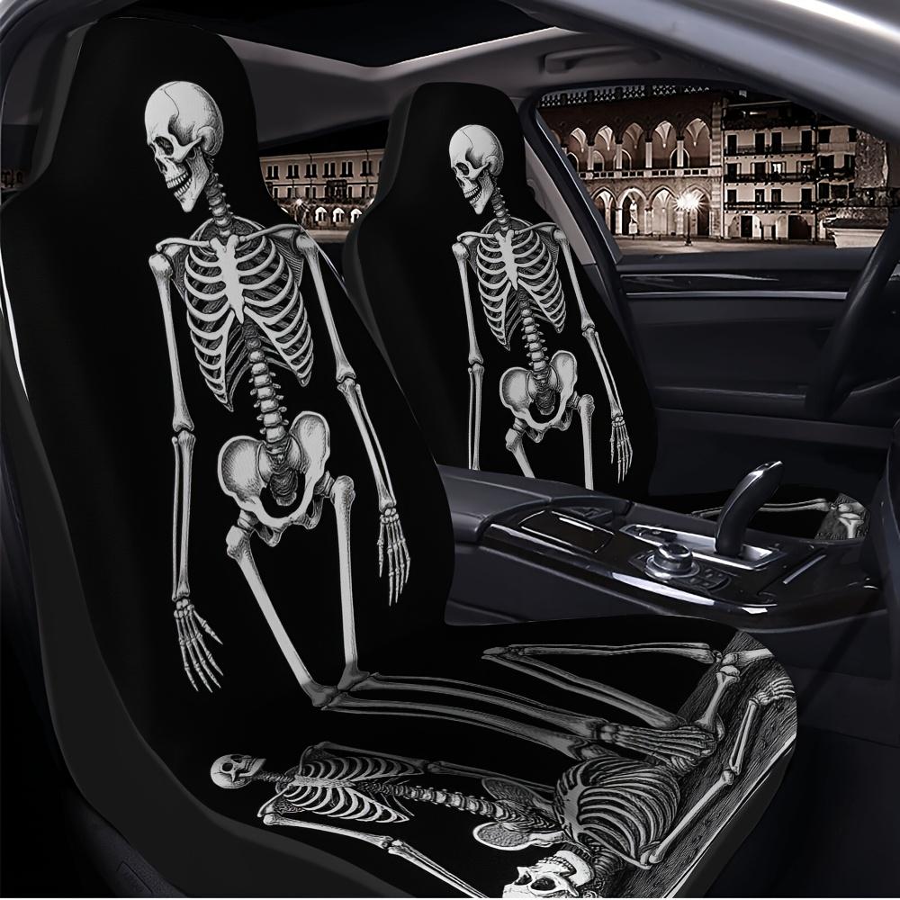 2pcs Gothic Skull Print Car Seat Covers Compatible For Most, Front Seat Protectors With Gothic Bone & Crossbone Design, Washable