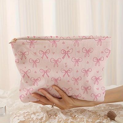 Stampa Motivo Fiocco Borsa Cosmetica Velluto a Coste Cerniera Organizer Trucco Leggero Borsa da Viaggio per Cosmetici da Donna Pochette