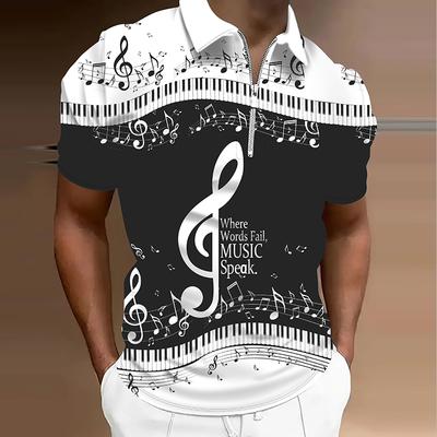 Men's  Shirt Polo Casual Zip Short Sleeve Fashion Casual Zipper Summer Spring Regular Fit 3D Music Print Shirt