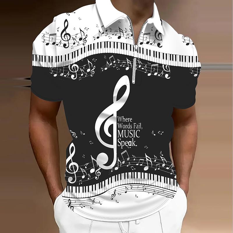 

Men s Shirt Polo Casual Zip Short Sleeve Fashion Casual Zipper Summer Spring Regular Fit 3D Music Print Shirt 8XL білий