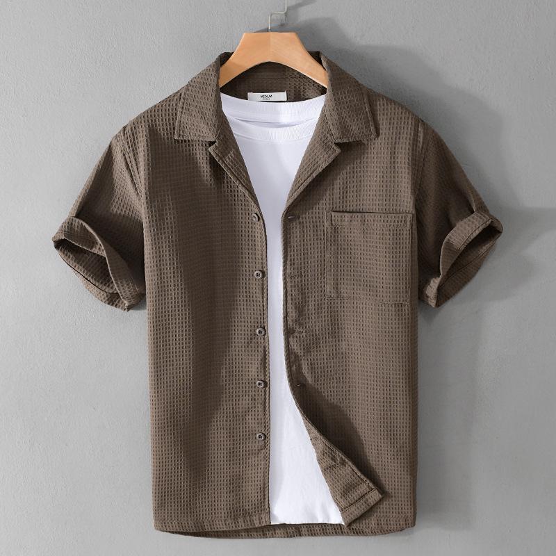 Men's Summer Waffle Short Sleeve Cuban Collar Shirt - Trendy, Comfortable, Versatile