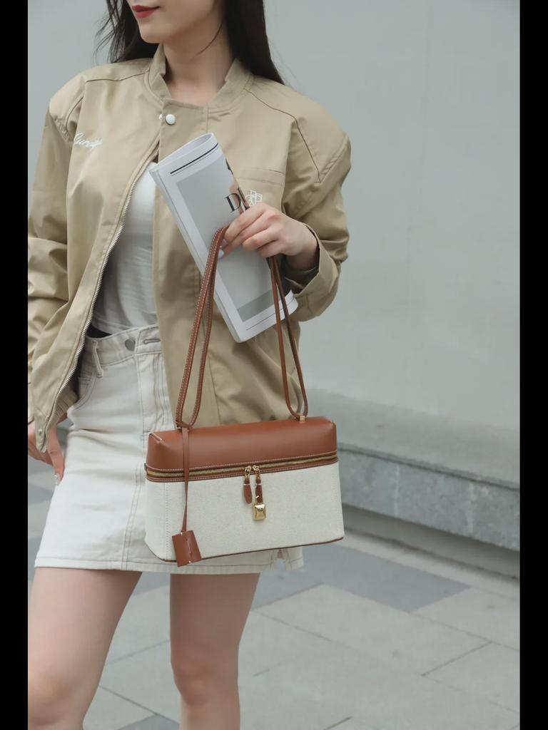 LP27 Women's Large Capacity Genuine Leather & Canvas Handbag - Versatile Messenger & Lunch Bag