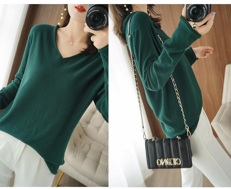 Women's Cotton V-neck Long Sleeve Knit Top - Slimming, Versatile, Solid Color for Spring & Autumn