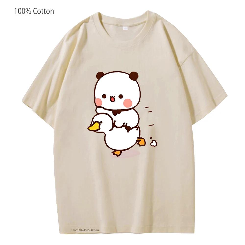 Cute Bubu and Duud Is Riding A White Duck Tshirt Panda and Brownie Bear Clothes Cotton T-Shirts for Men Women Couple