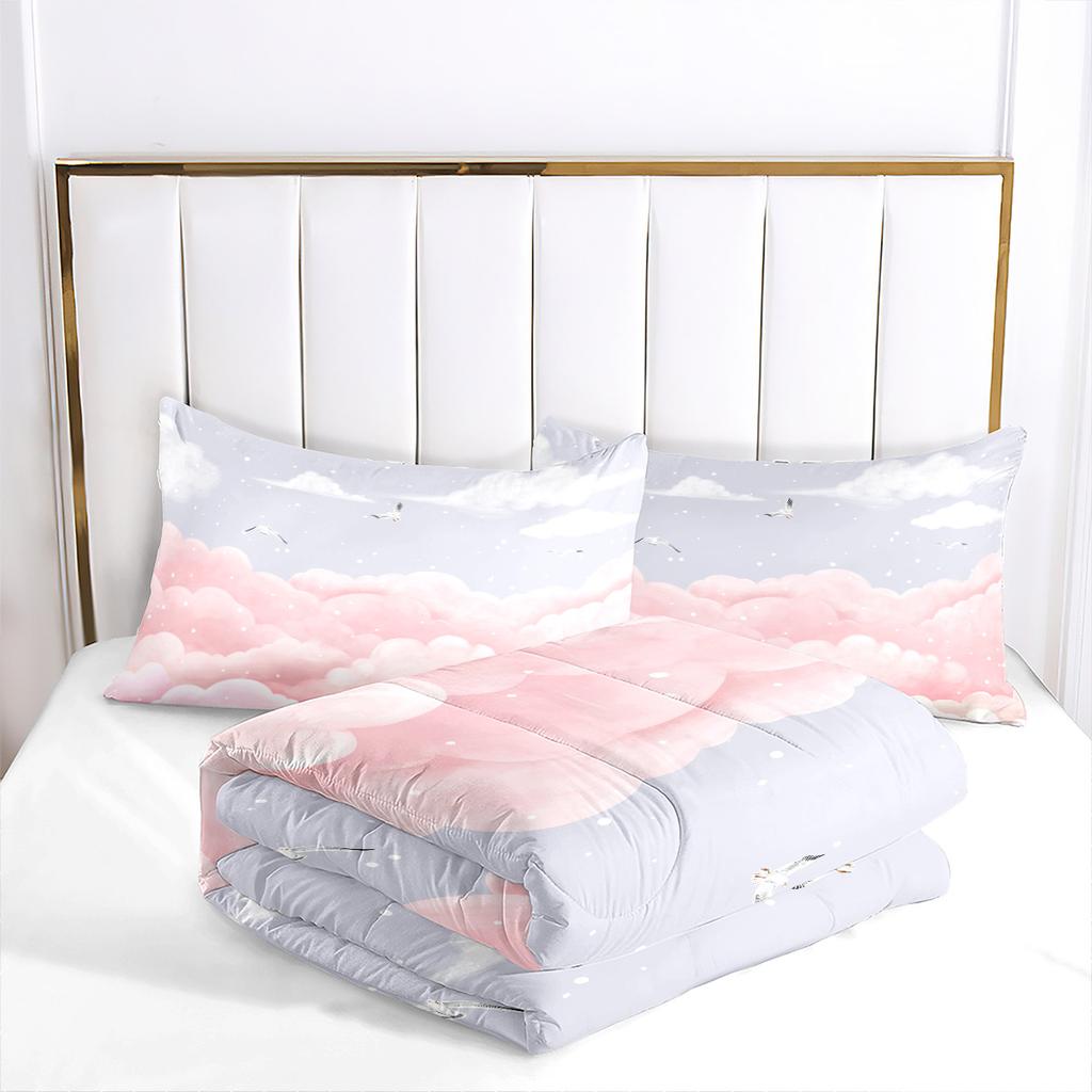 Pink Cloud Seagull Plush European Size Digital Print Bedding Three-piece Set