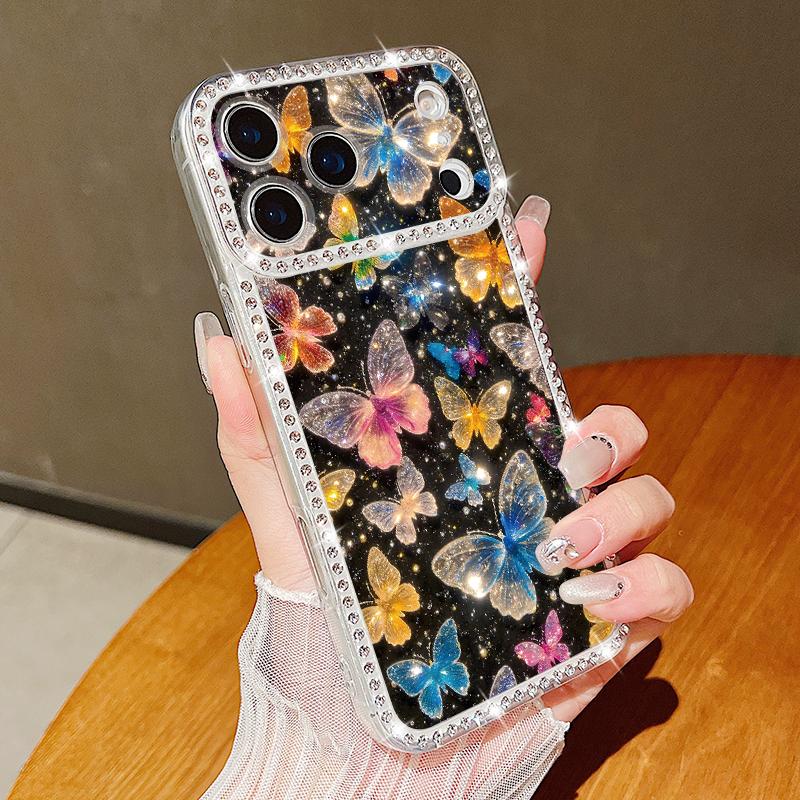 Diamond Case For iPhone 17 Pro Max Crystal Butterfly Print Clear TPU Silicone Soft Cover For iPhone 16 Pro Max 15 14 13 11