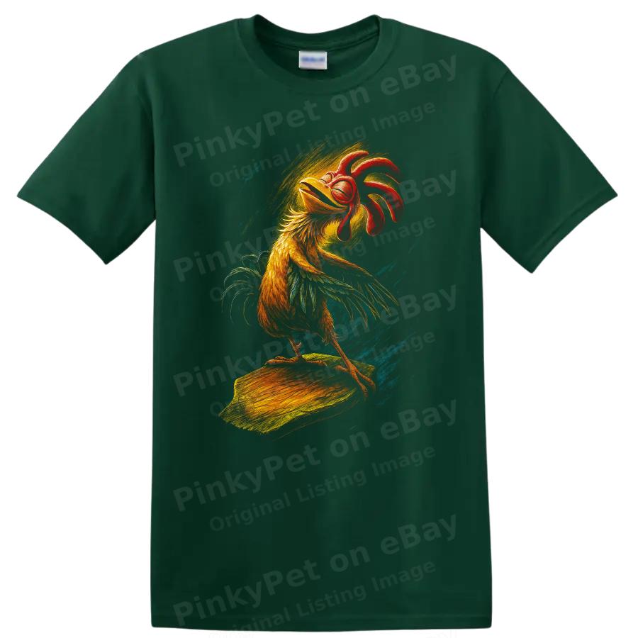 Surfing Rooster T Shirt Colorful Bird Art Beach Comedy Tee