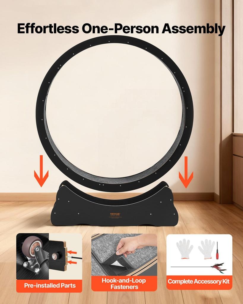 Cat Exercise Wheel, 132cm Wooden Cat Running Wheel for Indoor Kitten up to 12.7kg, Cats Treadmill with Carpeted Runway & Locking Mechanism, Quiet Cat
