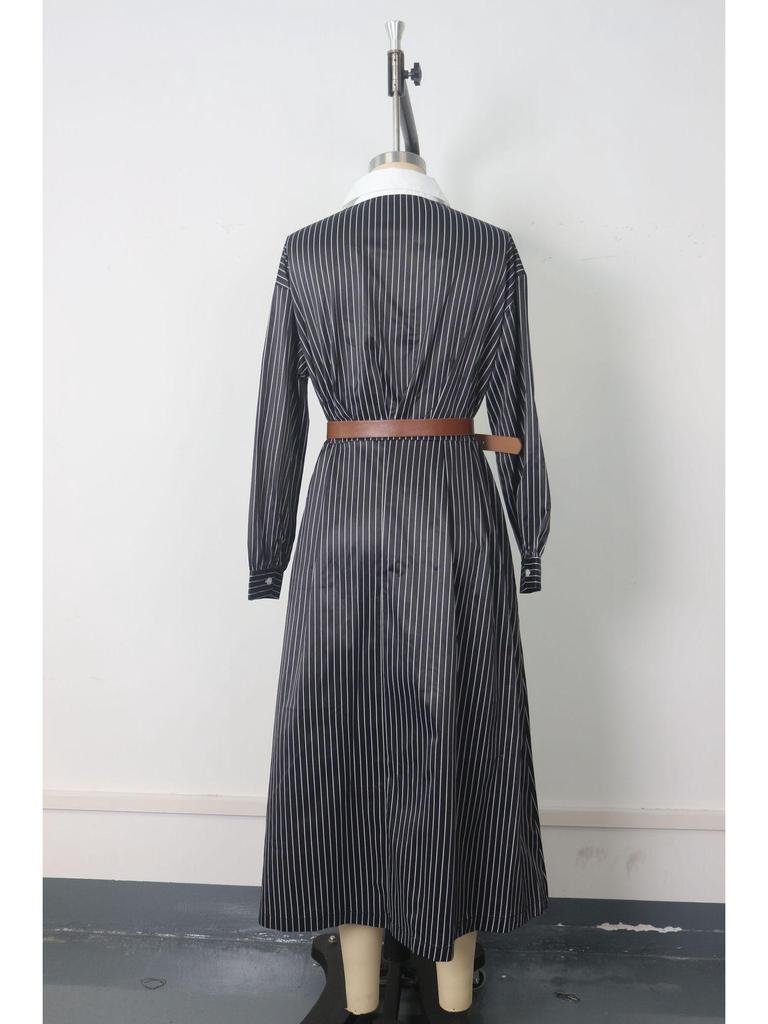 European & American Women's Retro Striped Shirt Dress, Autumn Collection - Loose Fit with Waist-Cinching, Color-Block, Shirt Collar Design