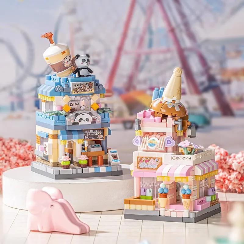 Mini City Cafe Building Block Toys, Ice Cream Shop, Flower Shop, Street Scene Cartoon Cute Food House, Festival Gifts