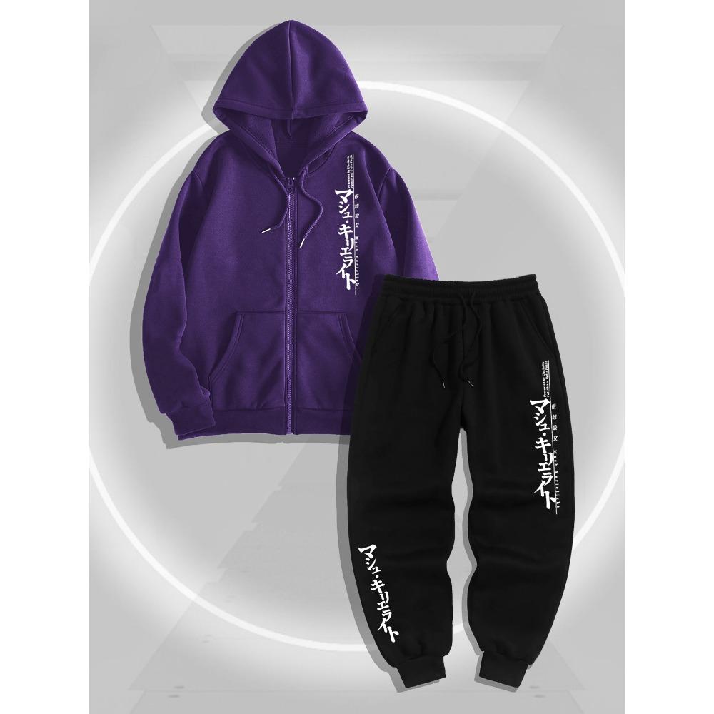Modisches Herren-Kapuzenpullover-Jogginghosen-Set mit Textmuster und Reißverschluss, aus bequemem und weichem Stoff